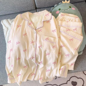 2025 Spring Autumn Women's Pajamas Set Cute Long Sleeve Crepe Sleepwear Ladies Casual Cardigan Pijamas Student Homewear Clothing