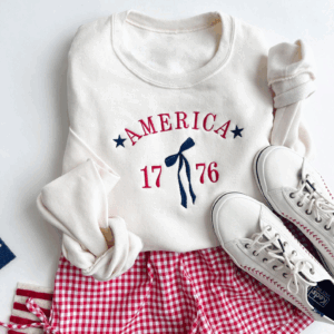 Embroidered Americana 1776 Coquette Bow Sweatshirt, Patriotic Hoodie, Independence Day