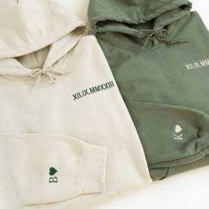 Custom Anniversary Embroidered Roman Numeral Hoodie, Couples Hoodie Initial on Sleeve