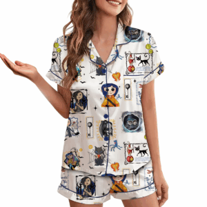 Coraline Best For Coraline Movie Vintage Retro Horror Pajamas Set Short, Coraline Movie Pajamas, Funny Cartoon Shirt