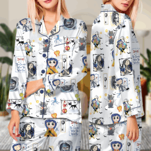 Coraline Best For Coraline Movie Vintage Retro Horror Pajamas Set Long, Coraline Movie Pajamas, Funny Cartoon Shirt