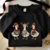 Embroidered Merry Christmas Goose Shirt, Goose With Santa Hat Embroidery Sweatshirt, Christmas Embroidered Holiday Crewneck