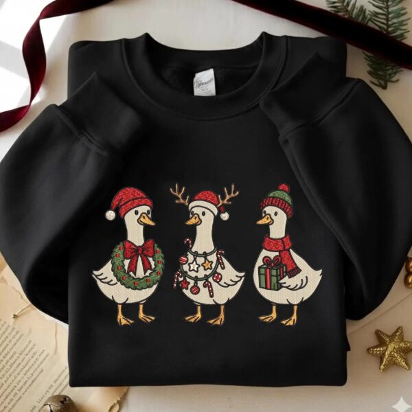 Embroidered Merry Christmas Goose Shirt, Goose With Santa Hat Embroidery Sweatshirt, Christmas Embroidered Holiday Crewneck