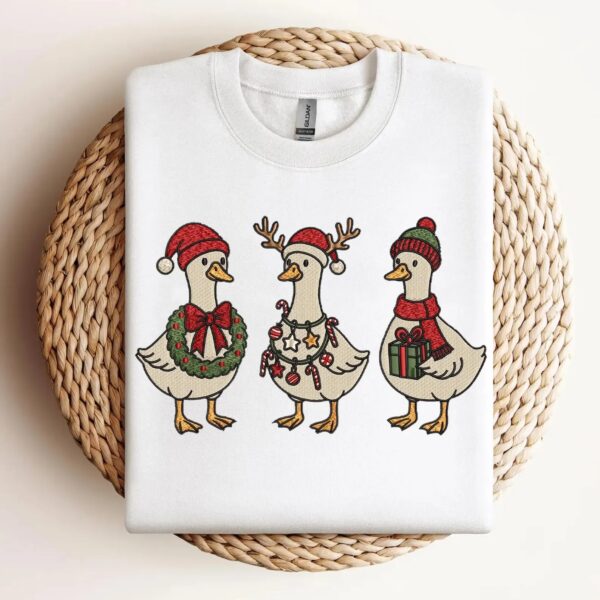 Embroidered Merry Christmas Goose Shirt, Goose With Santa Hat Embroidery Sweatshirt, Christmas Embroidered Holiday Crewneck