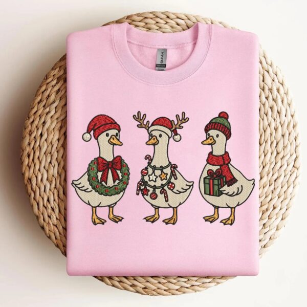 Embroidered Merry Christmas Goose Shirt, Goose With Santa Hat Embroidery Sweatshirt, Christmas Embroidered Holiday Crewneck