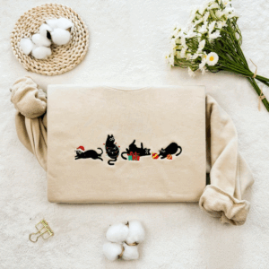 Christmas Cat Embroidered Sweatshirt, Funny Christmas Embroidered Hoodie, Cat Lover Crewneck Shirt