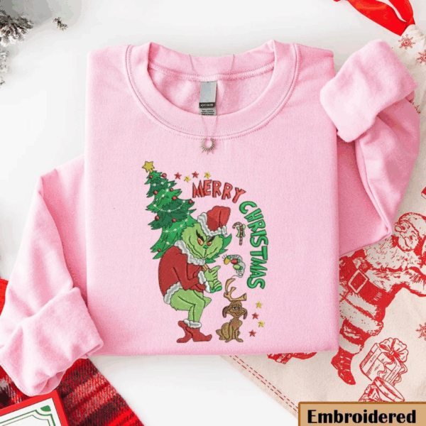 Embroidered Merry Christmas Grinch Sweatshirt, Funny Christmas Embroidered Sweater
