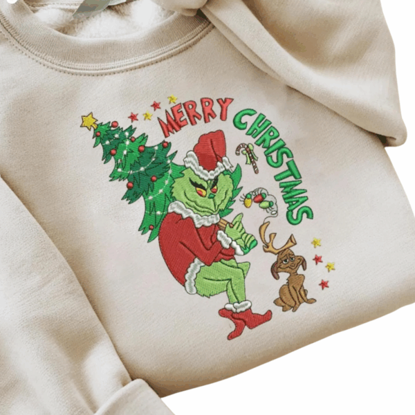 Embroidered Merry Christmas Grinch Sweatshirt, Funny Christmas Embroidered Sweater