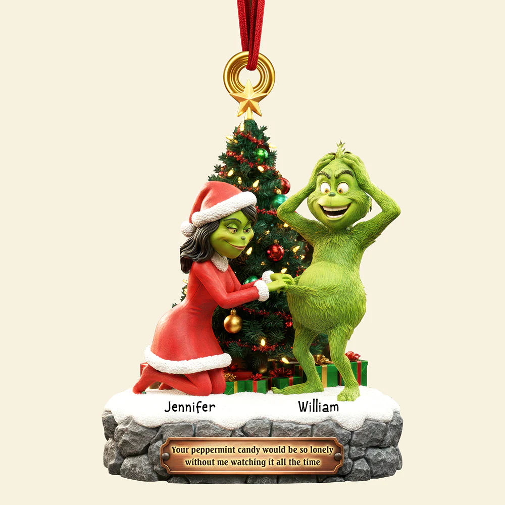 Personalized Grinch Christmas Ornament, Funny Green Monster Couple, Custom Holiday Tree Decoration, Christmas Ornament