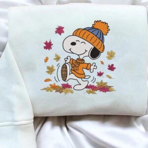 Funny Snoopy Fall Autumn Leaves Pumpkin Halloween Embroidered Sweatshirt, Snoopy Embroidered Sweatshirt, Halloween Embroidered Sweatshirt