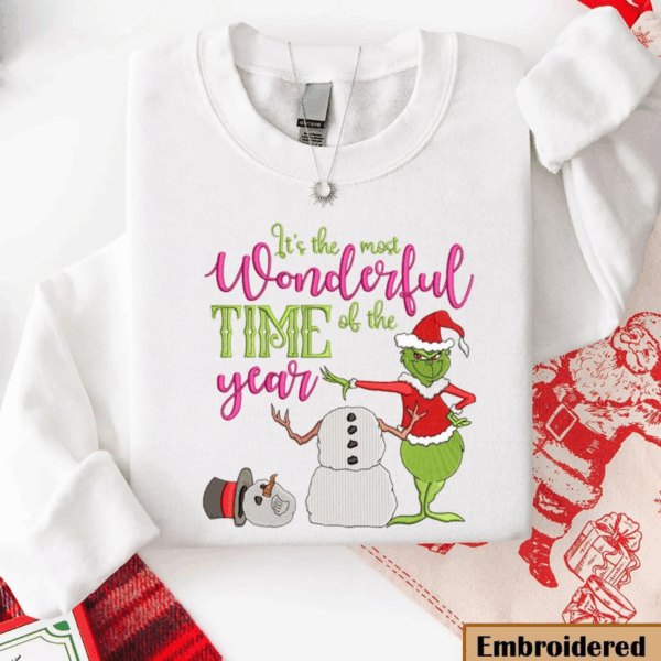 Embroidered Grinch Christmas Sweatshirt, It's The Most Wonderful Time Of The Year Christmas Shirt
