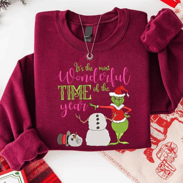 Embroidered Grinch Christmas Sweatshirt, It's The Most Wonderful Time Of The Year Christmas Shirt