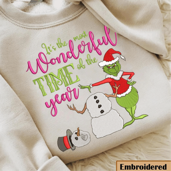 Embroidered Grinch Christmas Sweatshirt, It's The Most Wonderful Time Of The Year Christmas Shirt