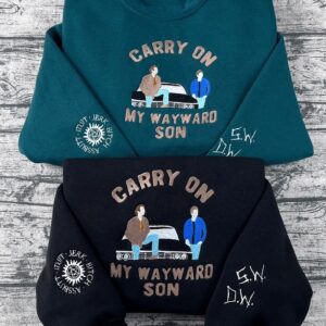 Supernatural Embroidered Sweatshirt – Carry On My Wayward Son, Winchester Brothers, Impala Design, Unisex Crewneck, Fandom Gift