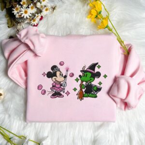 Mickey Minnie Wicked Embroidered Sweatshirt, Pink Witch Green Witch, Changed For Good Wicked, Cartoon Matching Halloween Movie