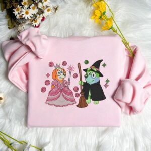 Cartoon Bluey Wicked Embroidered Sweatshirt, Pink Witch Green Witch, Changed For Good Wicked, Bluey Matching Halloween Movie