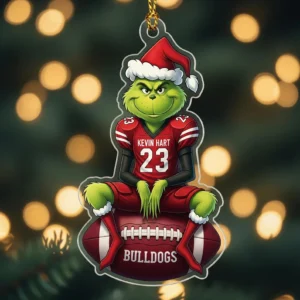 Personalized Grinch Football Ornament, Custom Name Number Team Christmas Gift, Funny Sports Acrylic Ornament for Player or Fan