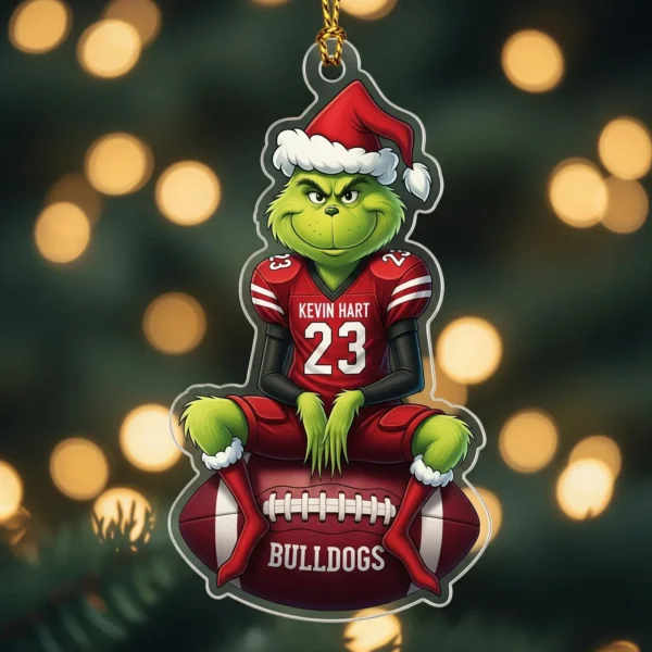Personalized Grinch Football Ornament, Custom Name Number Team Christmas Gift, Funny Sports Acrylic Ornament for Player or Fan