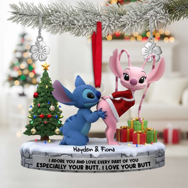 Custom Name Stitch And Angel Santa Hat Ornament, Stitch and Angel Love Ornament, Cute Alien Couple Christmas Ornament