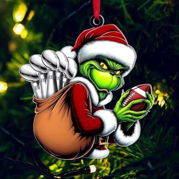 Personalized Grinch Football Ornament, Custom Name Number Team Christmas Gift, Funny Sports Acrylic Ornament