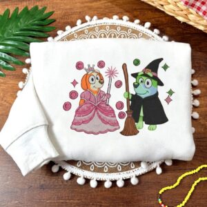 Cartoon Bluey Wicked Embroidered Sweatshirt, Pink Witch Green Witch, Changed For Good Wicked, Bluey Matching Halloween Movie