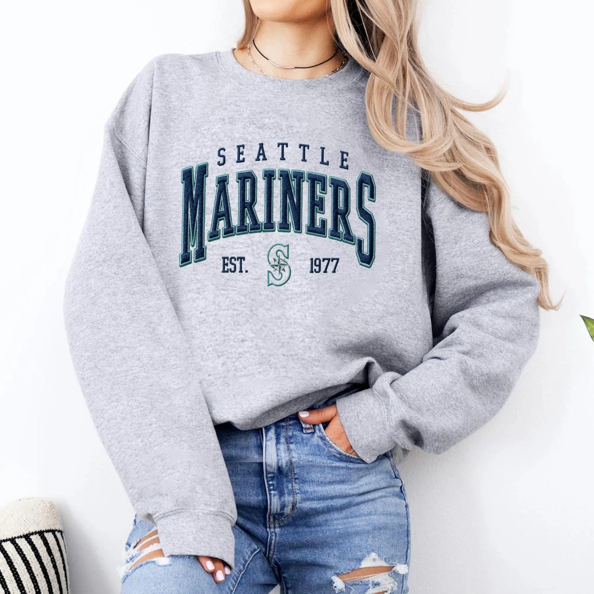 Embroidered Mariners Baseball Sweatshirt: Unisex Crewneck Pullover