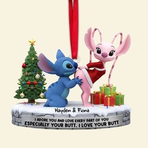 Custom Name Stitch And Angel Santa Hat Ornament, Stitch and Angel Love Ornament, Cute Alien Couple Christmas Ornament