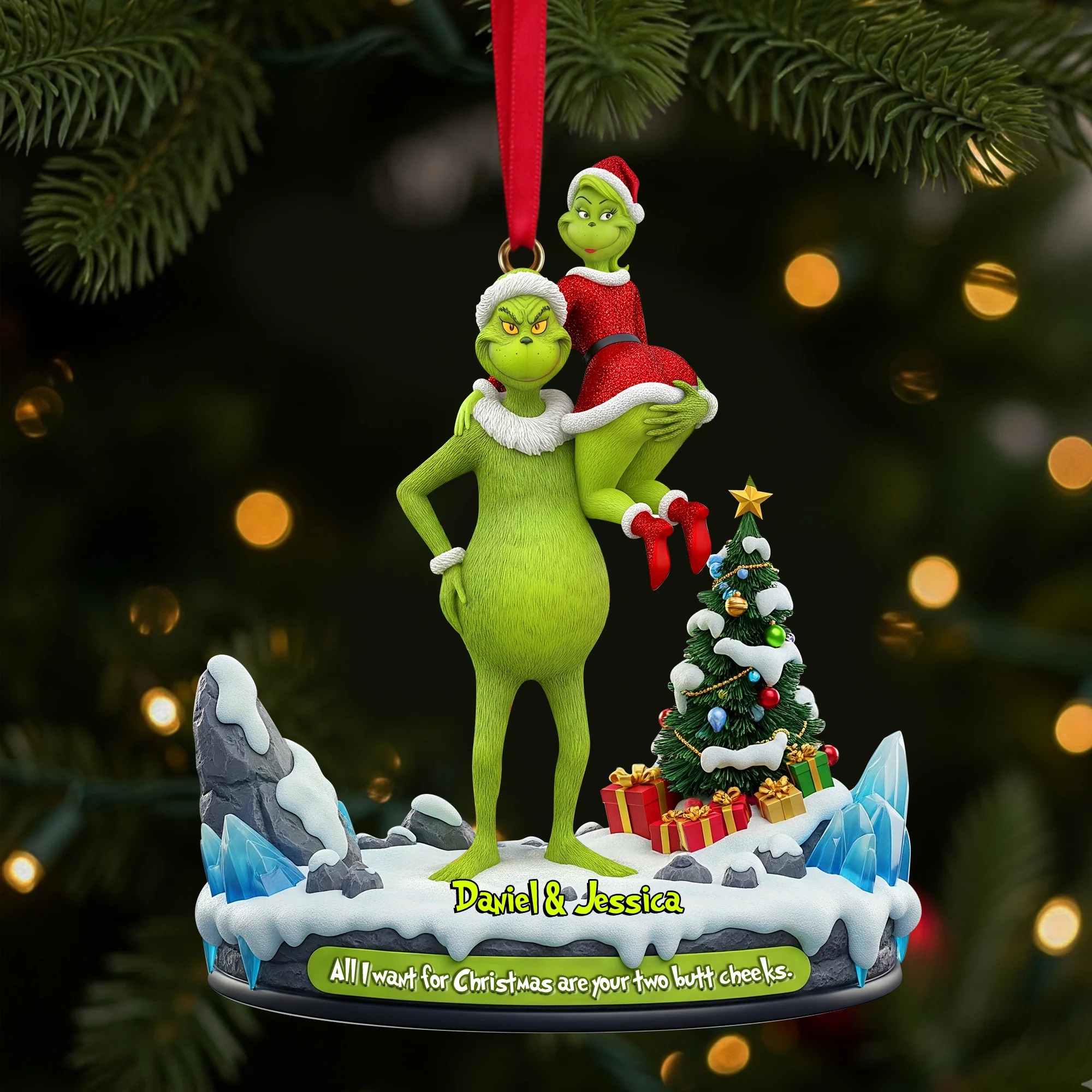 Personalized Grinch Christmas Ornament, Funny Green Monster Couple, Custom Holiday Tree Decoration, Christmas Ornament