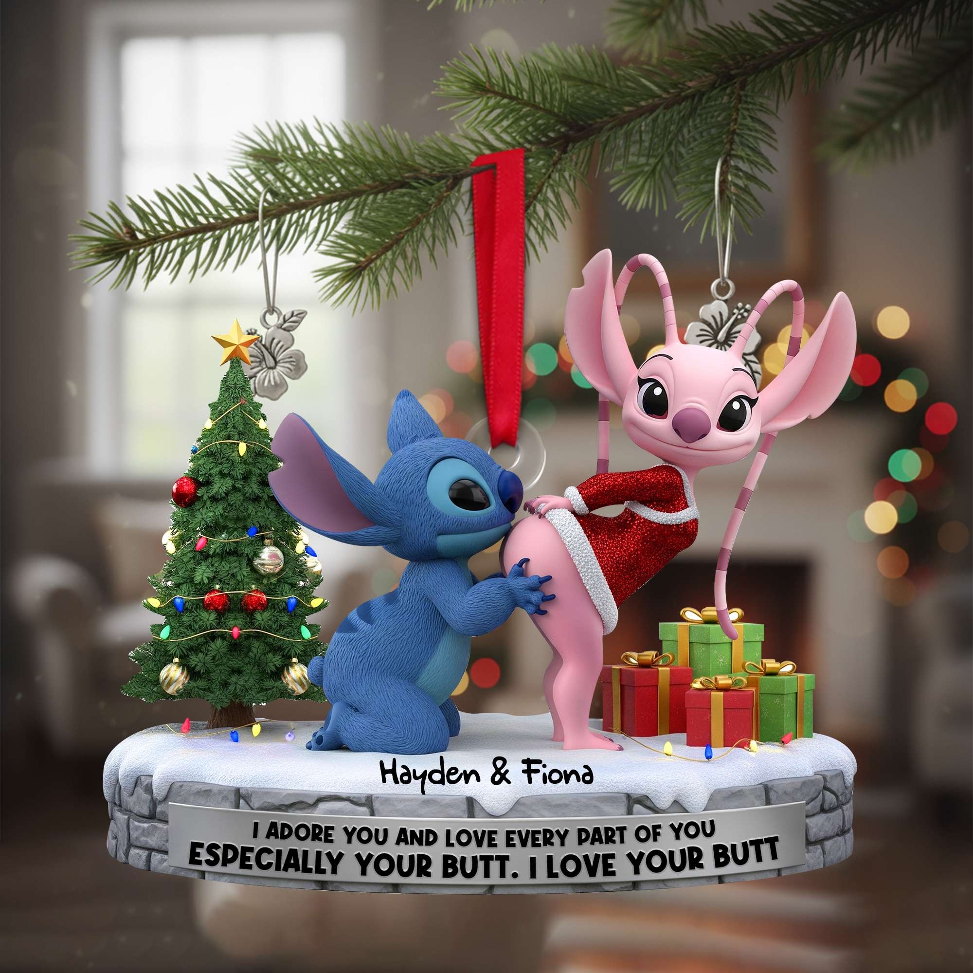 Custom Name Stitch And Angel Santa Hat Ornament, Stitch and Angel Love Ornament, Cute Alien Couple Christmas Ornament