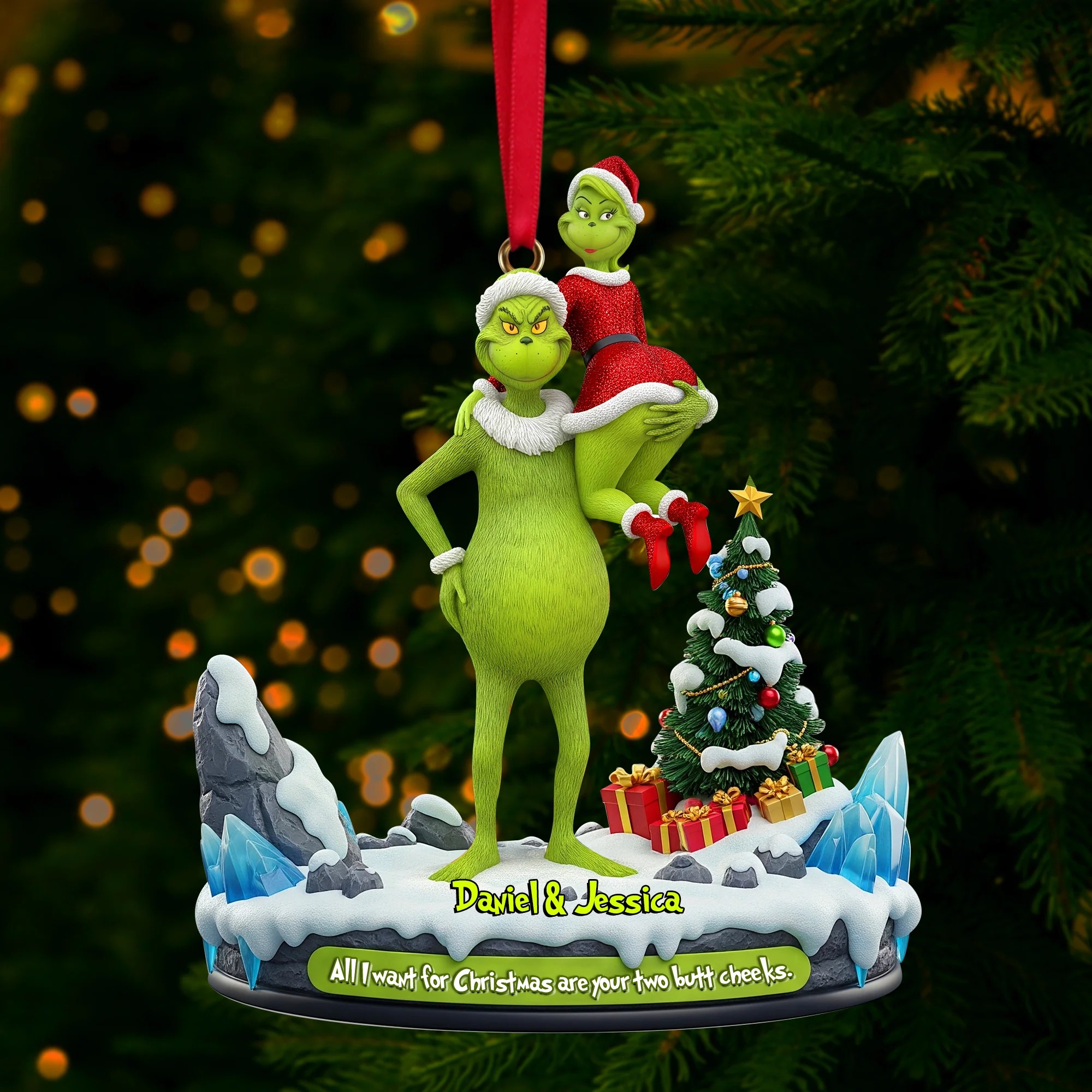 Personalized Grinch Christmas Ornament, Funny Green Monster Couple, Custom Holiday Tree Decoration, Christmas Ornament