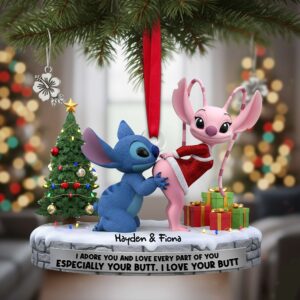 Custom Name Stitch And Angel Santa Hat Ornament, Stitch and Angel Love Ornament, Cute Alien Couple Christmas Ornament