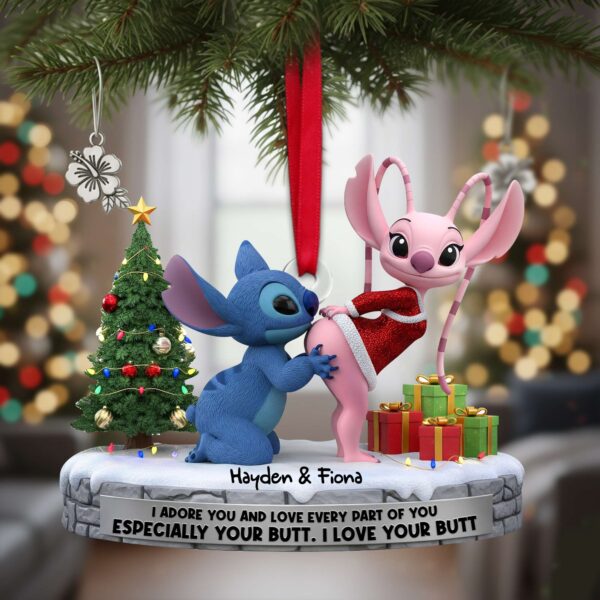 Custom Name Stitch And Angel Santa Hat Ornament, Stitch and Angel Love Ornament, Cute Alien Couple Christmas Ornament