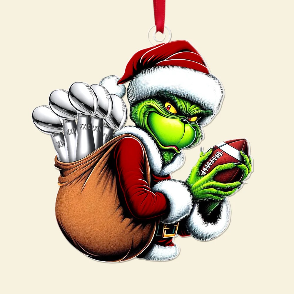 Personalized Grinch Football Ornament, Custom Name Number Team Christmas Gift, Funny Sports Acrylic Ornament