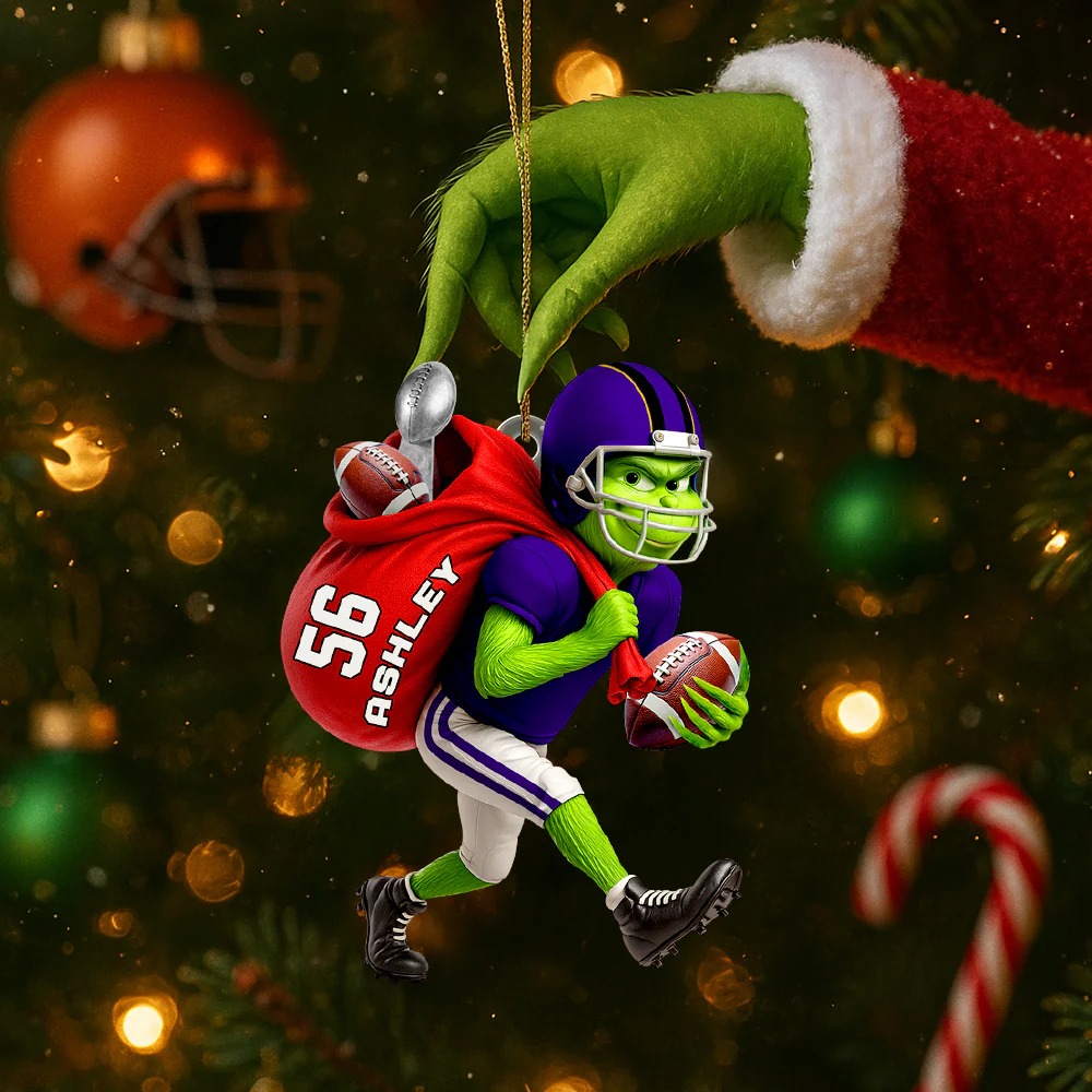 The Grinch Ornament, Merry Grinchmas Ornament, Green Monster Couple Christmas Ornament, Grinch Football Ornament, Funny Sports Acrylic Ornament