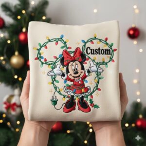 EMBROIDERED Custom Minnie Christmas Lights Sweatshirt, Personalized Disney Xmas Tee, Minnie Mouse Holiday Crewneck