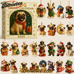 2025 Pug Advent Calendar, Christmas Countdown Advent Calendar Gift Box with 24 Acrylic Ornaments