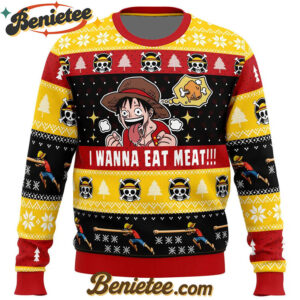 I Want To Eat Meat Luffy One Piece Ugly Christmas Sweater