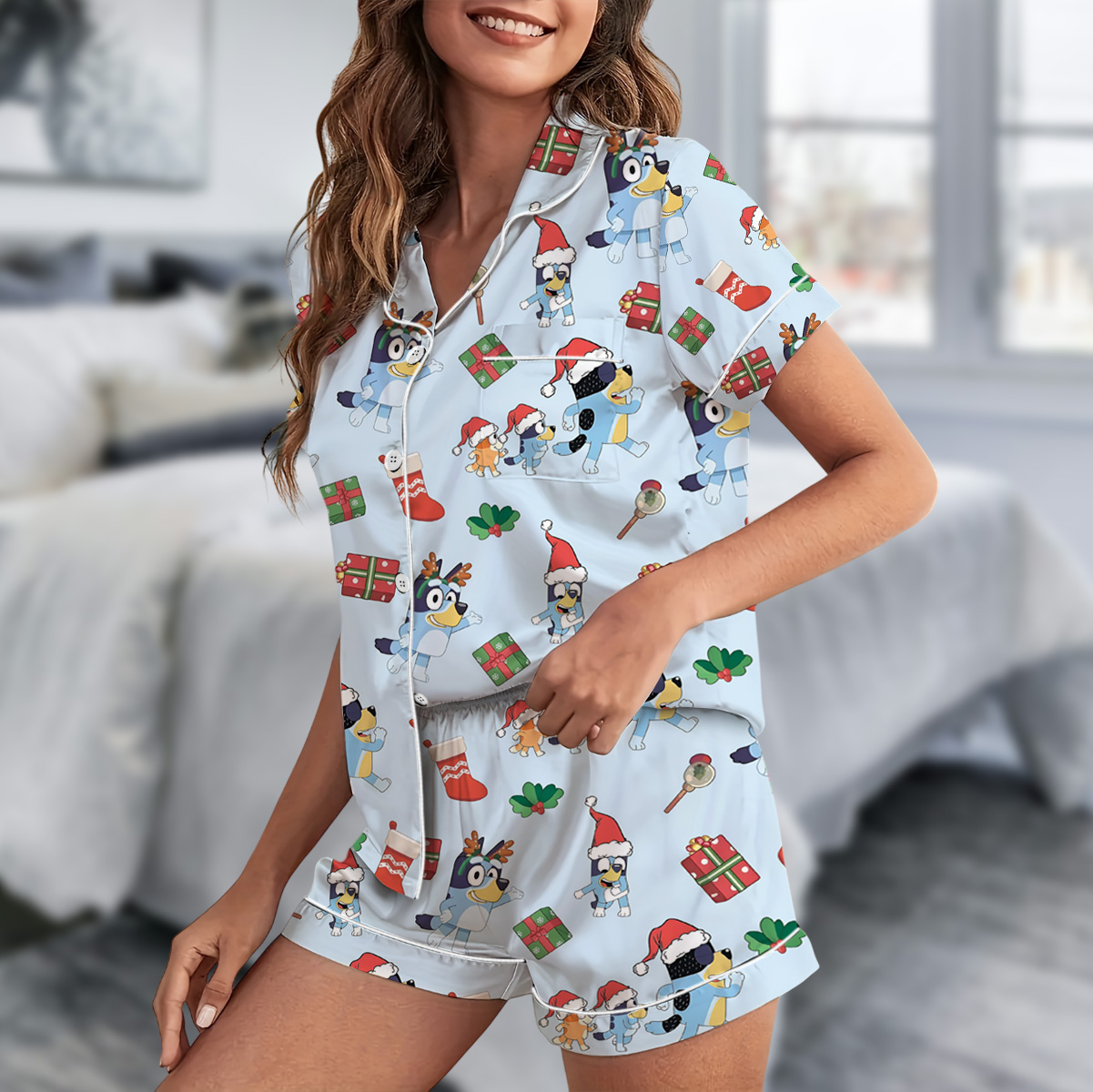 Christmas Cute Bluey Short Satin Pajamas Set For Women