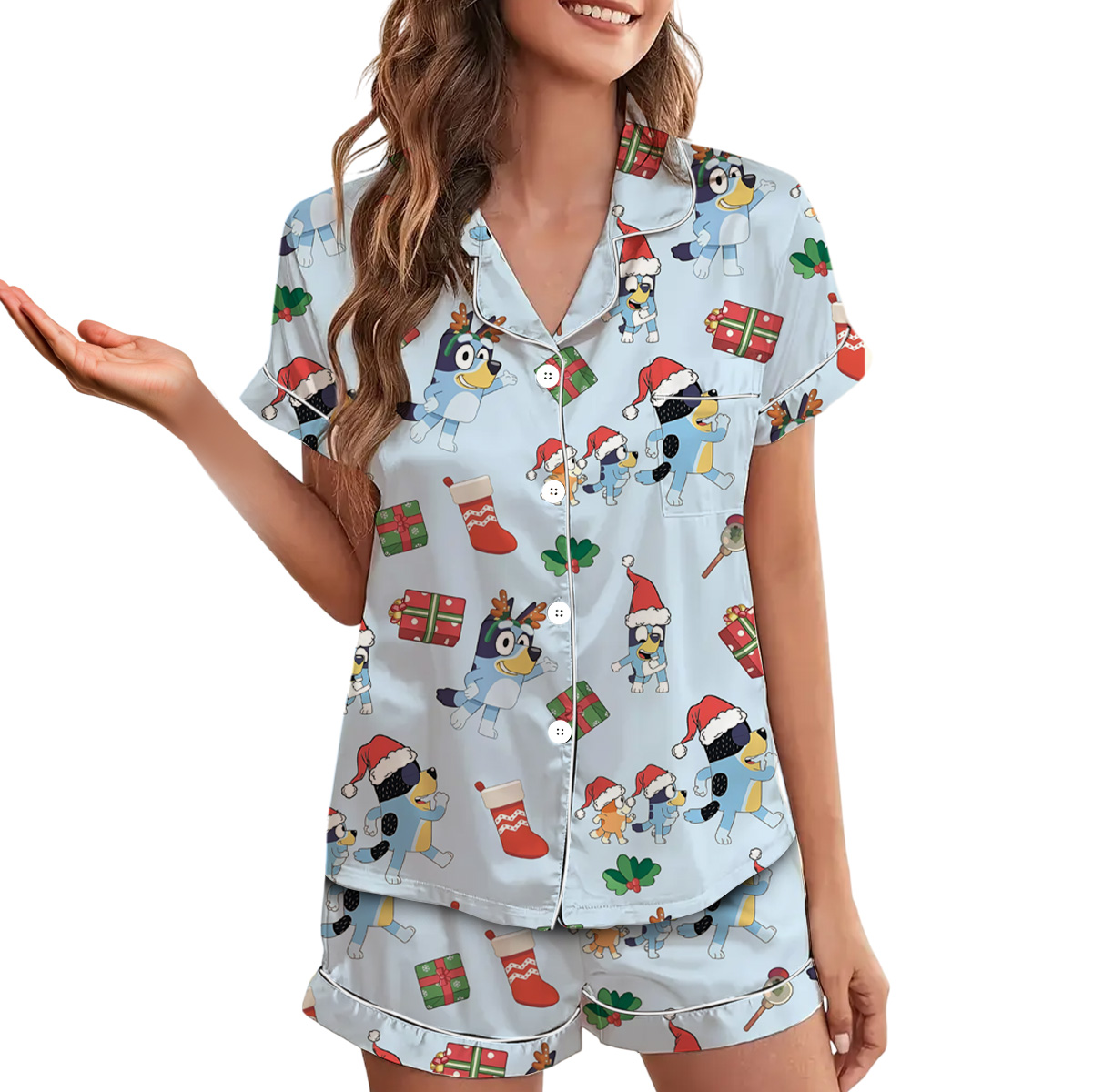 Christmas Cute Bluey Short Satin Pajamas Set For Women