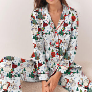 Cute Snoopy Christmas Satin Pajamas Long Set For Women, Adorable Holiday Sleepwear With Tree And Gift Print