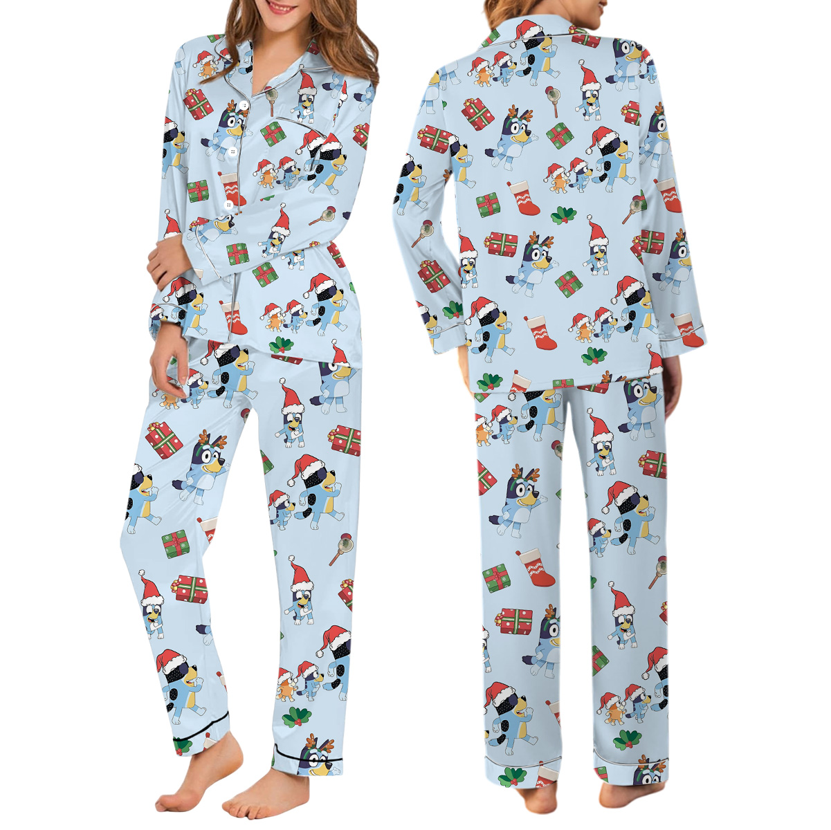 Christmas Cute Bluey Long Satin Pajamas Set For Women