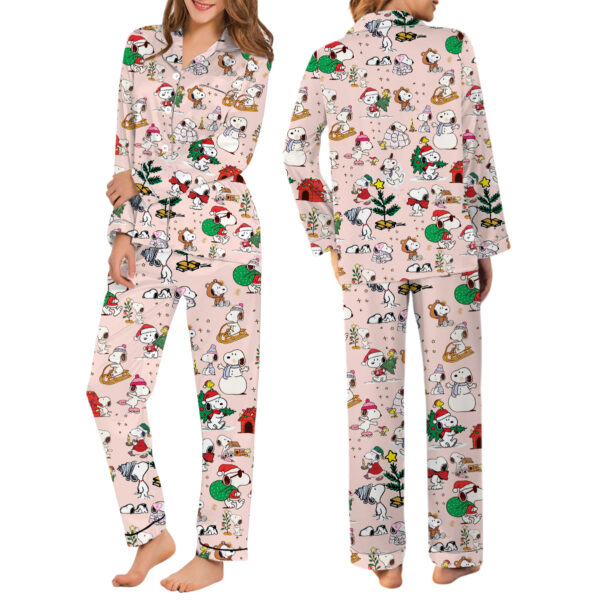 Cute Snoopy Christmas Satin Pajamas Long Set For Women, Adorable Holiday Sleepwear With Tree And Gift Print