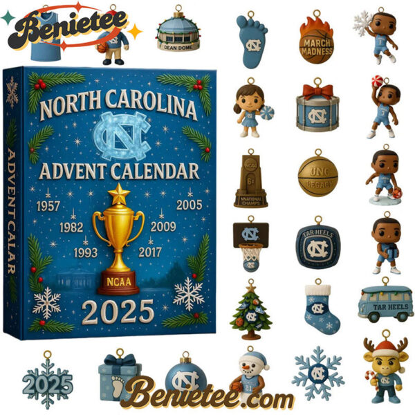 North Carolina Tar Heels Advent Calendar 2025, Christmas Countdown Advent Calendar Gift Box with 24 Acrylic Ornaments