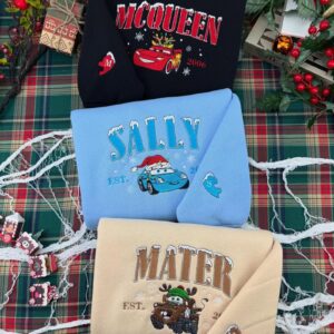 Cars Christmas Embroidered T-Shirt, McQueen Mater Sally Matching Sweatshirt, Cartoon Disney Cars Christmas Embroidery Hoodie