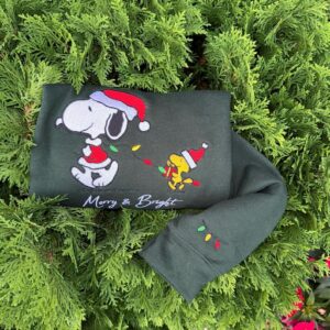 Merry and Bright Holiday Crewneck, Embroidered Snoopy Dog with Santa Hat, Festive Lights Sweatshirt, Cozy Handmade Gift
