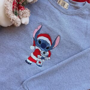 Stitch Christmas Lights Embroidered Sweatshirt, Xmas Stitch Embroidery Sweatshirt