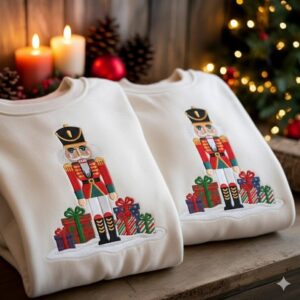 Nutcracker Soldier Embroidered Christmas Sweatshirt, Ballet Soldier with Presents Cozy Xmas Crewneck