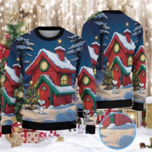 Cute White Dog Cabin Sweater, Red House Christmas Crewneck, Winter Woods Holiday Shirt, Peanuts Cartoon Dog Ugly Xmas Top
