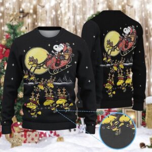 Cartoon Beagle Santa Sleigh Sweater, Cute Yellow Bird Reindeer Holiday Sweatshirt, Peanuts Fan Gift, Funny Black Ugly Christmas Sweater