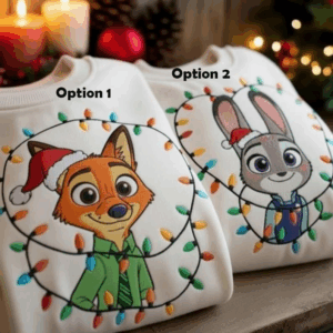 Nick and Judy Christmas Light Embroidered Sweatshirt, Disney Zootopia Couple Christmas Shirt, Disneyland Trip Shirt